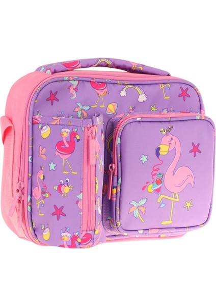 Kız Çocuk, Mor Pembe, Flamingo Baskılı Isı Yalıtımlı Üç Bölmeli (Matara Cepli) Okul Beslenme Çantası L7240