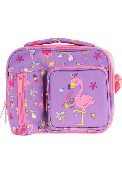 Kız Çocuk, Mor Pembe, Flamingo Baskılı Isı Yalıtımlı Üç Bölmeli (Matara Cepli) Okul Beslenme Çantası L7240