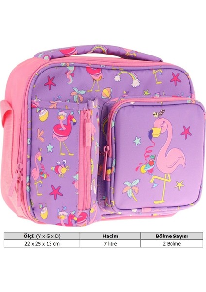 Kız Çocuk, Mor Pembe, Flamingo Baskılı Isı Yalıtımlı Üç Bölmeli (Matara Cepli) Okul Beslenme Çantası L7240