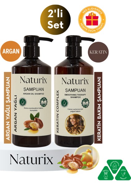 2'li Tuzsuz Argan Yağlı Şampuan + Keratin Şampuan 600 ml Bitkisel Şampuan Paraben Içermez