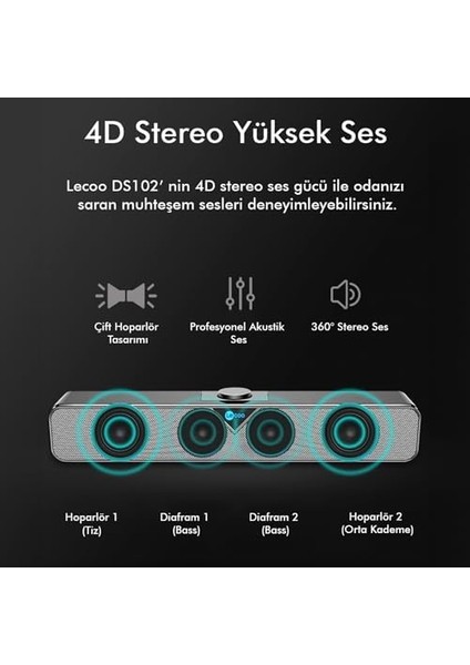DS102 Kablolu Usb/aux 6W Tak Çalıştır Kolay Kurulum Yüksek Çözünürlüklü Stereo Surround Ses Tv/pc/telefon/tablet Geniş Uyum Kompakt Soundbar Taşınabilir Hoparlör Siyah
