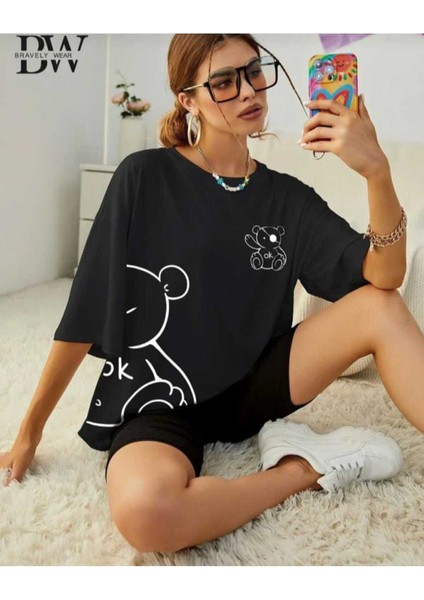 Oversize T-Shirt Ayı Baskılı Siyah Renk
