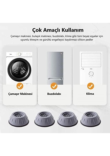 Gürültü Engelleyici ve Kaymaz Titreşim Önleyici Kauçuk Ayak Pedleri Çamaşır Makinesi Stoper 4'lü Set, Gri modelleri