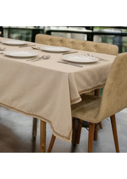 Bej Pamuk Keten Jüt Dantelli Masa Örtüsü