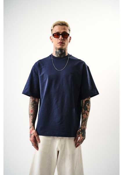 Erkek Respire Yazı Detaylı Oversize T-Shirt Indigo