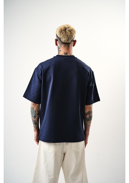 Erkek Respire Yazı Detaylı Oversize T-Shirt Indigo modelleri