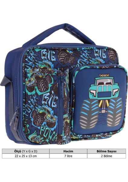 Erkek Çocuk, Lacivert Turkuaz, Kamyon Daskılı Isı Yalıtımlı Üç Bölmeli (Matara Cepli) Okul Beslenme Çantası L7261 modelleri