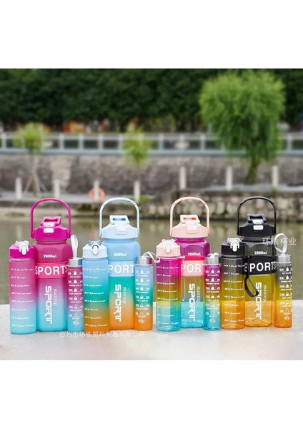 Sports Renkli Akrilik Spor 3lü Motivasyon Suluk Matara 3ADET 2000ML 900ML 350ML