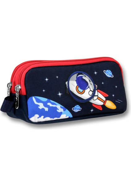 Erkek Çocuklar Için Iki Bölmeli Astronot Desenli Kalemlik - Lacivert Kırmızı - 5044