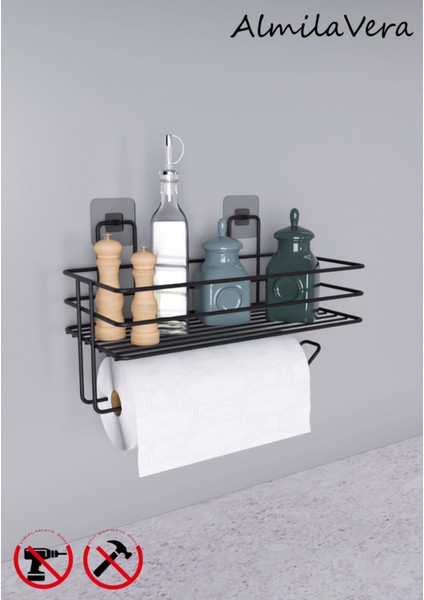 Yapışkanlı Raflı Kağıt Rulo Havluluk Peçetelik Siyah Banyo Mutfak Düzenleyici Raf