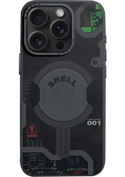 iPhone 15 Pro Max Için Cybermag Serisi Teknolojik Görünüm Ultra Güçlü Mıknatıslı ve Metal Lens Çerçeveli Silikon Kılıf Kapak (Koyu, 15 Pro Max)