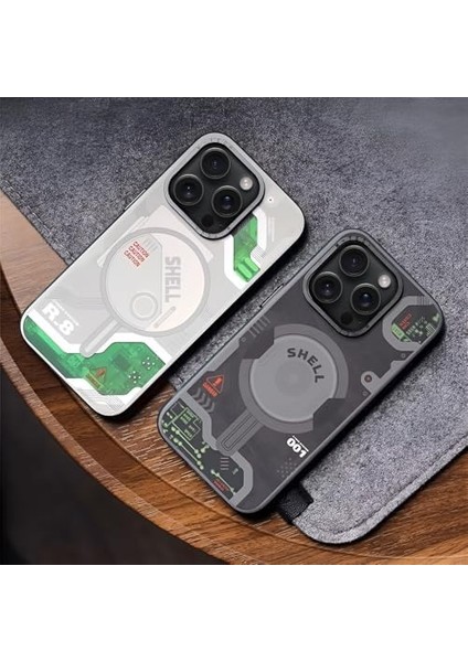 iPhone 15 Pro Max Için Cybermag Serisi Teknolojik Görünüm Ultra Güçlü Mıknatıslı ve Metal Lens Çerçeveli Silikon Kılıf Kapak (Koyu, 15 Pro Max)
