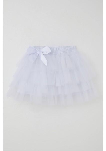 Kız Çocuk Tütü Etek Tül Detaylı Katlı Fiyonk Aksesuarlı 4-8 Yaş, Beyaz