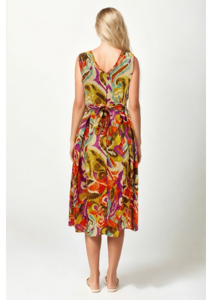 V Yaka Pileli Beli Bağlamalı Desenli Elbise modelleri