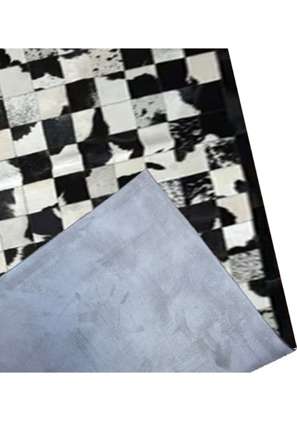 %100 Doğal Dana Derisi Kaymaz Taban Premium Patchwork Halı - Siyah Beyaz modelleri