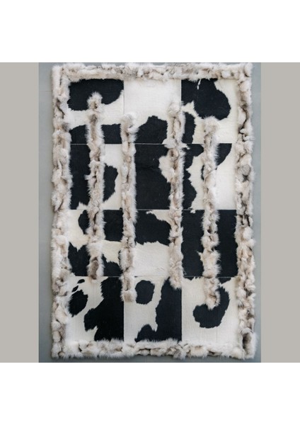 %100 Doğal Dana Derisi Kaymaz Taban Premium Patchwork Halı - Siyah Beyaz Tilki Kürklü indirimleri