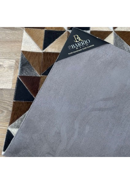 %100 Doğal Dana Derisi Kaymaz Taban Premium Patchwork Halı - Kahverengi Beyaz Siyah indirimleri
