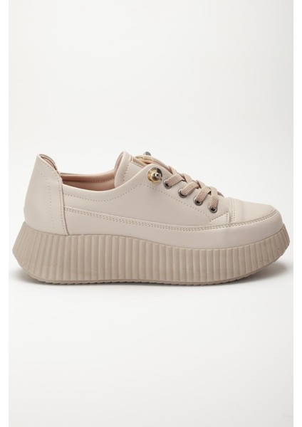 Kadın Casual Spor Ayakkabı Bej Elastik Bağcıklı Kalın Taban