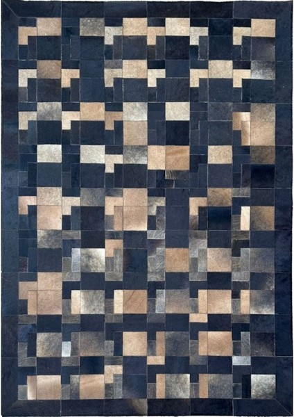 %100 Doğal Dana Derisi Kaymaz Taban Premium Patchwork Halı - Kahverengi Siyah