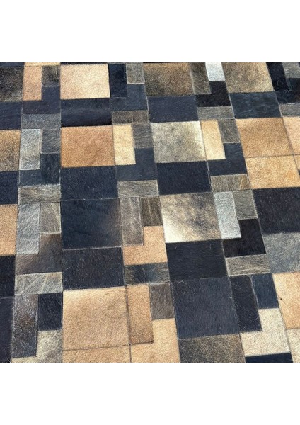 %100 Doğal Dana Derisi Kaymaz Taban Premium Patchwork Halı - Kahverengi Siyah fiyatları