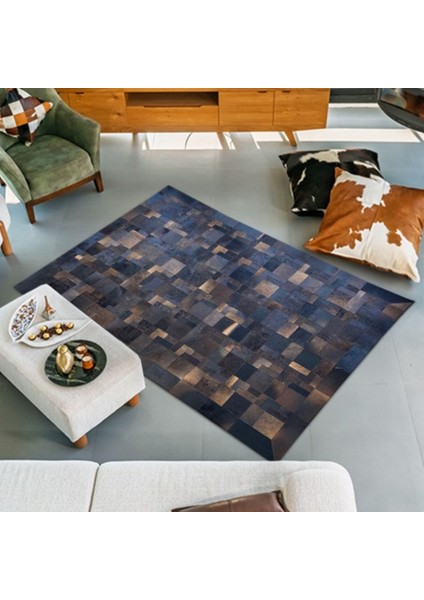 %100 Doğal Dana Derisi Kaymaz Taban Premium Patchwork Halı - Kahverengi Siyah modelleri