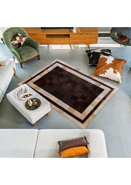 %100 Doğal Dana Derisi Kaymaz Taban Premium Patchwork Halı - Kahverengi Gold