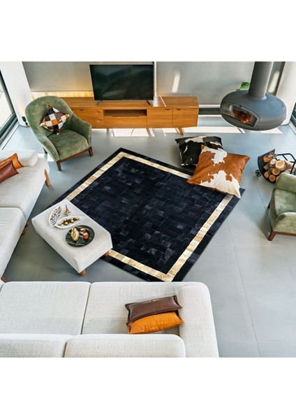 %100 Doğal Dana Derisi Kaymaz Taban Premium Patchwork Halı - Siyah Gold