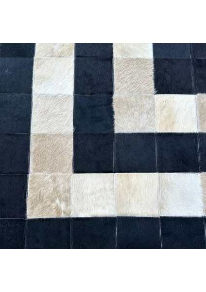 %100 Doğal Dana Derisi Kaymaz Taban Premium Patchwork Halı - Siyah Gold fiyatları