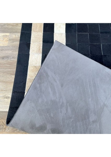 %100 Doğal Dana Derisi Kaymaz Taban Premium Patchwork Halı - Siyah Gold fırsatları