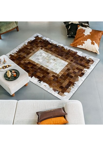 %100 Doğal Dana Derisi Kaymaz Taban Premium Patchwork Halı - Kahverengi - Beyaz