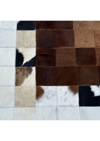 %100 Doğal Dana Derisi Kaymaz Taban Premium Patchwork Halı - Kahverengi - Beyaz modelleri