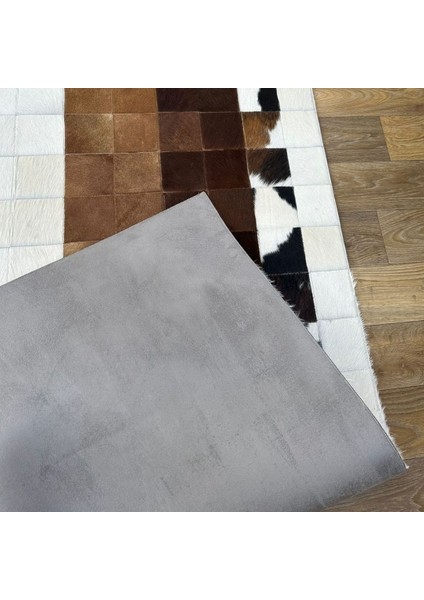 %100 Doğal Dana Derisi Kaymaz Taban Premium Patchwork Halı - Kahverengi - Beyaz fırsatları