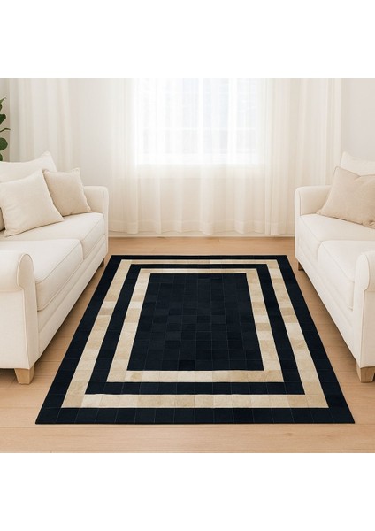 %100 Doğal Dana Derisi Kaymaz Taban Premium Patchwork Halı - Siyah Gold