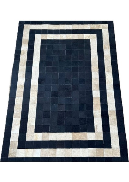 %100 Doğal Dana Derisi Kaymaz Taban Premium Patchwork Halı - Siyah Gold modelleri
