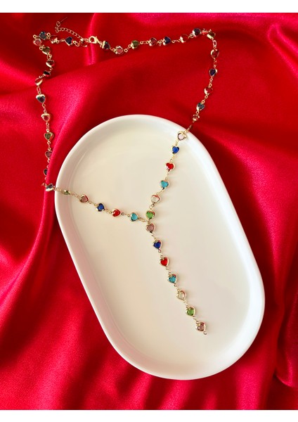 Çok Renkli Kalp Y Çelik Kolye