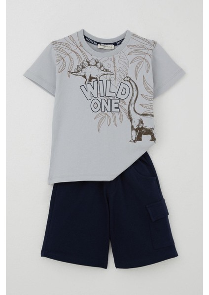 Erkek Çocuk Şortlu Takım Güçlü Dinozorlar Baskılı 3-8 Yaş, Gri