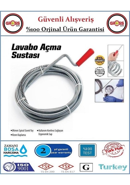 Lavabo ve Gider Boru Açma Spirali - Kanal Açma Sustası - 5 Metre