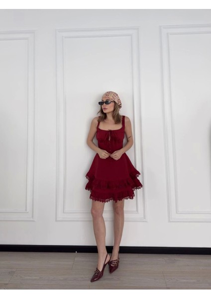 Mini Askılı Elbise - Bordo