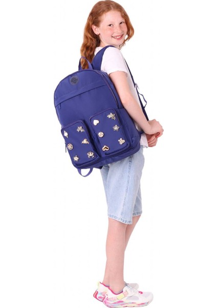 Fancy Kız Çocuk Metal Aksesuarlı Lacivert Beş Gözlü Okul Sırt Çantası - K1833 indirimleri