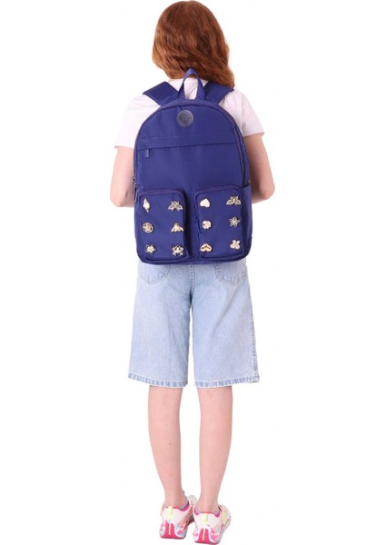 Fancy Kız Çocuk Metal Aksesuarlı Lacivert Beş Gözlü Okul Sırt Çantası - K1833