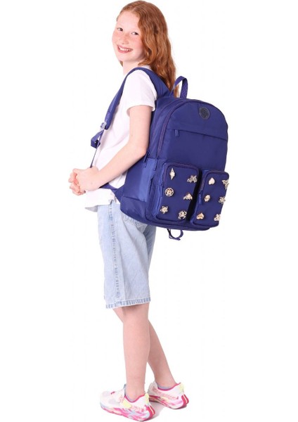 Fancy Kız Çocuk Metal Aksesuarlı Lacivert Beş Gözlü Okul Sırt Çantası - K1833