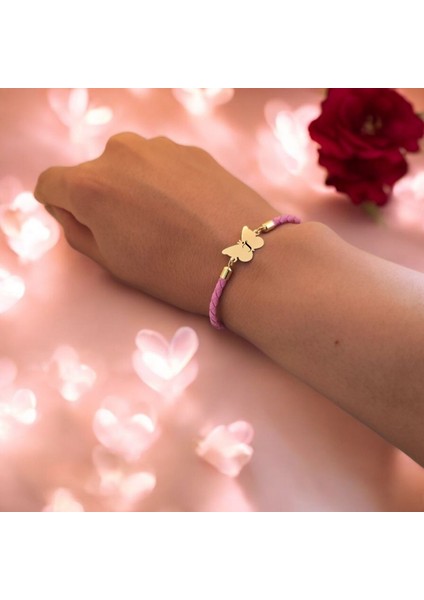I Harfine Özel 14 Ayar Altın Plakalı Pembe Derili Kelebek Motifli Hediye Bileklik-455Harf fırsatları