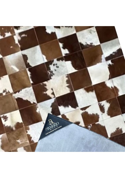 %100 Doğal Dana Derisi Kaymaz Taban Premium Patchwork Halı - Kahverengi - Beyaz modelleri