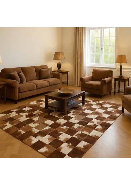 %100 Doğal Dana Derisi Kaymaz Taban Premium Patchwork Halı - Kahverengi - Beyaz fırsatları
