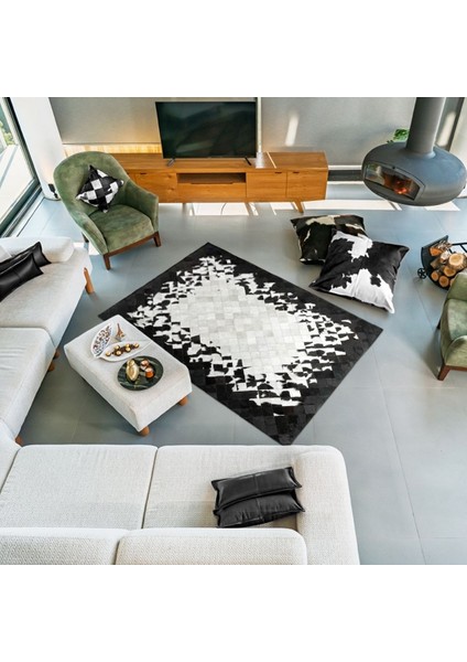 %100 Doğal Dana Derisi Kaymaz Taban Premium Patchwork Halı - Siyah Beyaz