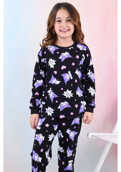 %100 Pamuk Süprem Penye Kumaş Uzun Kollu Bisiklet Yaka Kız Çocuk Pijama Takımı 3-13 Yaş
