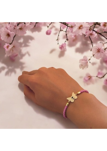 Atatürk Temalı Kelebek Motifli 14 Ayar Altın Plakalı Pembe Derili Hediye Bileklik-455SEMBOL