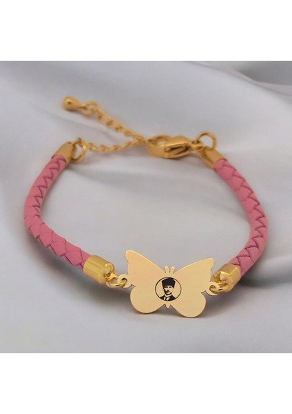 Atatürk Temalı Kelebek Motifli 14 Ayar Altın Plakalı Pembe Derili Hediye Bileklik-455SEMBOL fiyatları