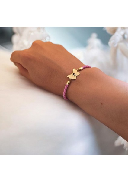 Atatürk Temalı Kelebek Motifli 14 Ayar Altın Plakalı Pembe Derili Hediye Bileklik-455SEMBOL fırsatları
