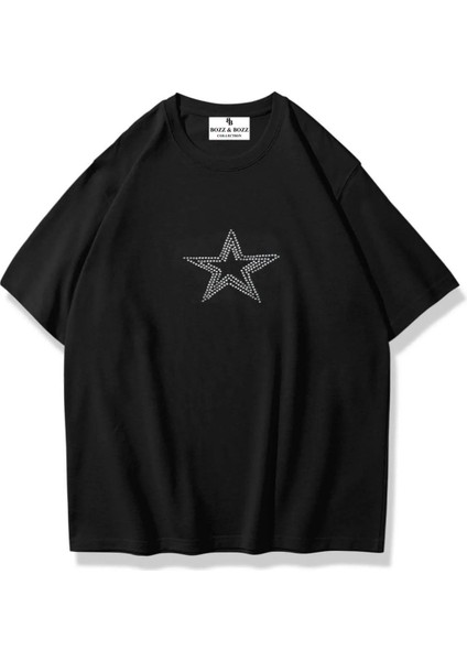 Unisex Oversize Star Stroke Taş Baskılı T-Shirt